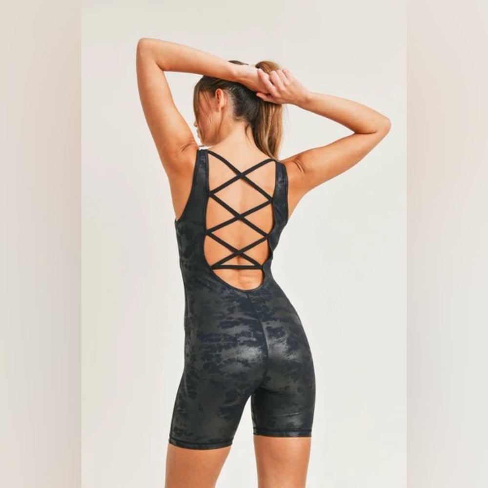NWT’s Mono B Black Strappy Back Metallic Foil Unitard